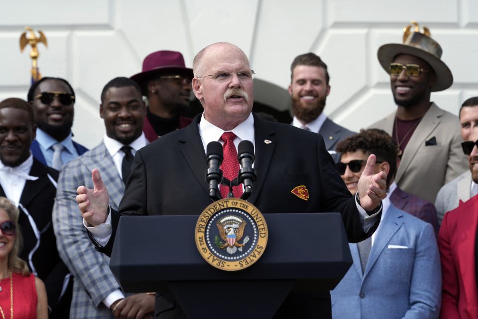Kansas City Chiefs head coach Andy Reid speaks as President Joe Biden welcomes the Kansas City Chiefs to the White House in Washington, Monday, June 5, 2023, to celebrate their championship season and victory in Super Bowl LVII. | Susan Walsh, Associated Press