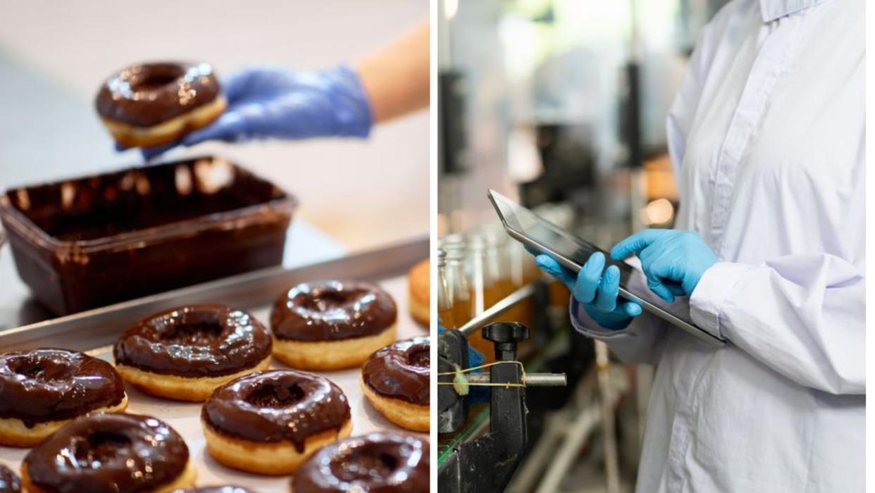 Chocolate topping on donuts in a candy workshop. And Hands of worker working with digital tablet check product on the conveyor belt in the beverage factory. Worker checking bottling line for processing. Inspection quality control