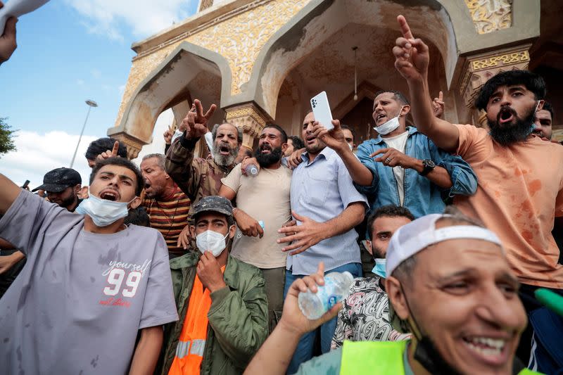 Libyans protest outside mosque one week after deadly floods in Derna