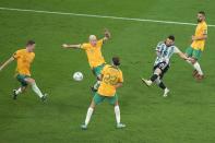 Argentina's Lionel Messi makes an attempt to score during the World Cup round of 16 soccer match between Argentina and Australia at the Ahmad Bin Ali Stadium in Doha, Qatar, Saturday, Dec. 3, 2022. (AP Photo/Alessandra Tarantino)