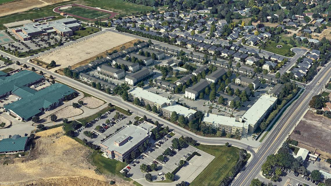 This aerial rendering looking southwest from May 2023 shows a potential site plan for Victory Flats in center. Frank Church High School can be seen at left, West Junior High School at top left and Victory Road at bottom right.
