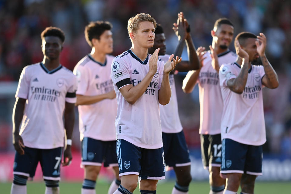 BOURNEMOUTH, ENGLAND - AUGUST 20: Martin Odegaard of Arsenal interacts with the crowd following the Premier League match between AFC Bournemouth and Arsenal FC at Vitality Stadium on August 20, 2022 in Bournemouth, England. (Photo by Dan Mullan/Getty Images)