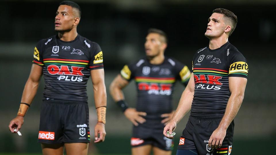 Nathan Cleary (right) in action for the Panthers in March. (Photo by Jason McCawley/Getty Images) 