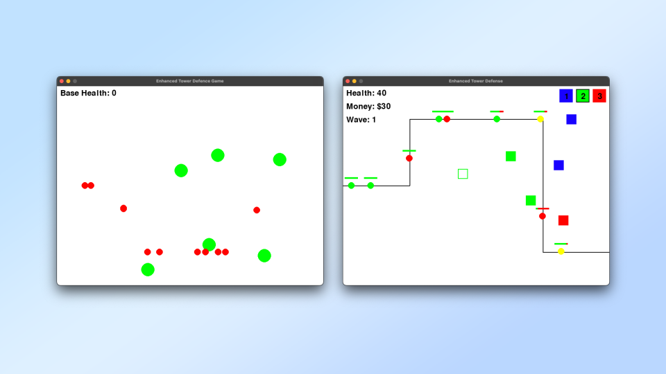 ChatGPT (left) generated a simple game and Claude (right) had more features