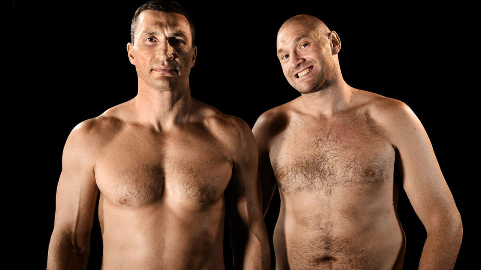 Wladimir Klitschko and Tyson Fury pose at Esprit-Arena on July 21, 2015 in Duesseldorf, Germany. Fury v Klitschko Part 2 will take place in Manchester on July 9 for the WBO, WBA and IBO heavyweight belts. (Photo by Sascha Steinbach/Bongarts/Getty Images)