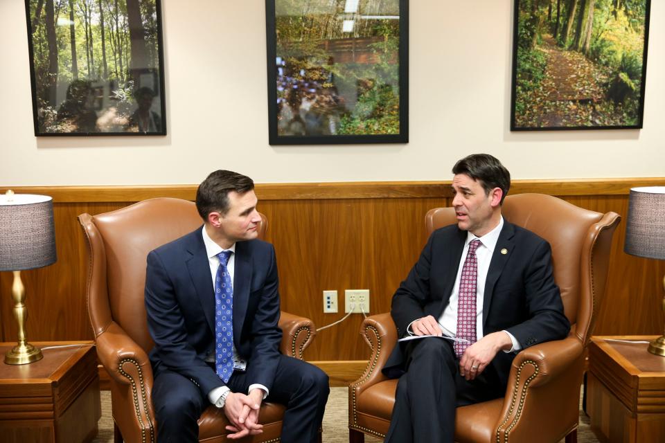 Rep. Dan Rayfield, D-Corvallis, who served as House Speaker the last two years, and Senate President Rob Wagner meet for a press conference after  the 2024 Legislature adjourned Thursday.