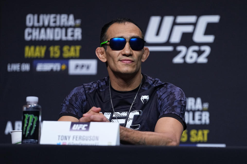 HOUSTON, TEXAS - MAY 13:  Tony Ferguson interacts with media during the UFC 262 press conference at George R. Brown Convention Center on May 13, 2021 in Houston, Texas. (Photo by Josh Hedges/Zuffa LLC)