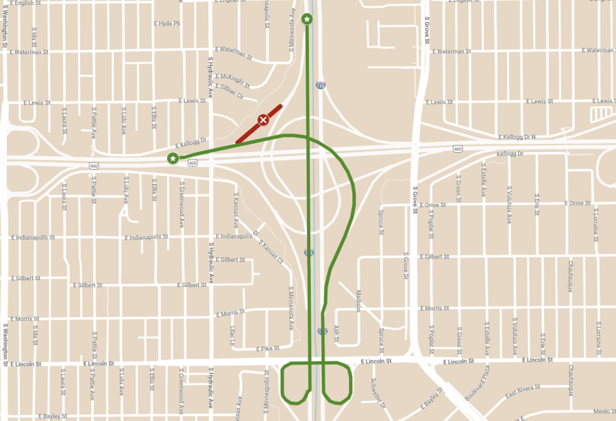 Proposed detour has southbound I-135 drivers taking the Lincoln St. exit, then heading north on I-135 to get to westbound Kellogg. (Map courtesy KDOT)