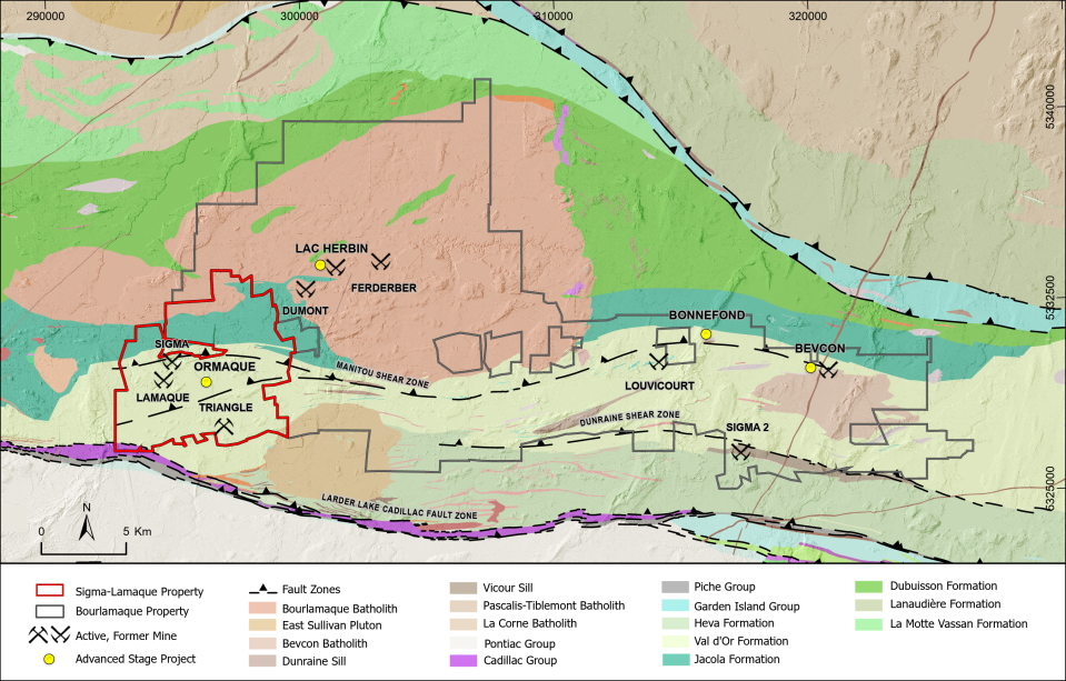 Geological map of the Bourlamaque and Sigma-Lamaque properties, showing locations of current advanced stage projects.