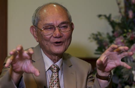 Meechai Ruchupan, 77, head of Thailand's Constitution Drafting Committee, gestures during an interview with Reuters at the parliament in Bangkok, Thailand, January 20, 2016. REUTERS/Chaiwat Subprasom