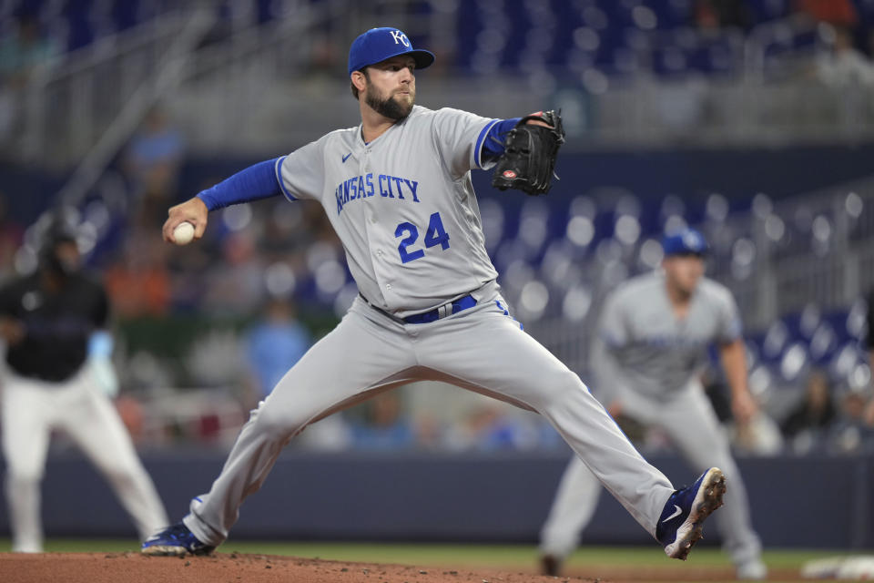Kansas City Royals starting pitcher Jordan Lyles throws to a Miami Marlins batter duirng the first inning of a baseball game Wednesday, June 7, 2023, in Miami. (AP Photo/Peter Joneleit)
