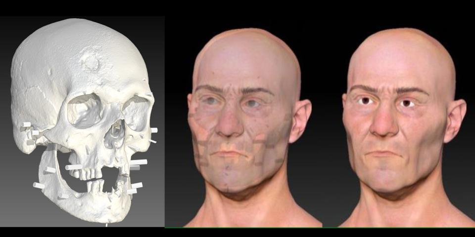 Side by side illustrations show a digital 3D scan of the Connecticut Vampire's skull, next to a digital reconstruction of his face, on which features are gradually added.