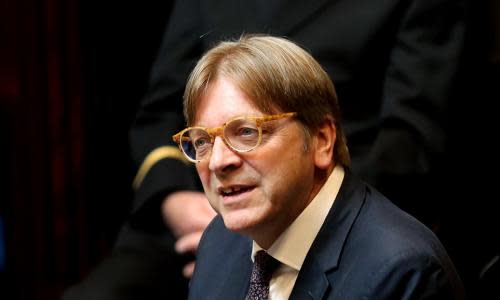 Brexit<br>Handout photo issued by Maxwells of European Parliament Brexit Coordinator, Guy Verhofstadt, addressing a Special Meeting of three Oireachtas Committee in the Dail chamber in Dublin. PRESS ASSOCIATION Photo. Issue date: Thursday September 21, 2017. The key player in the European Parliament has told Boris Johnson that he is talking nonsense by criticising pro-Europeans in the UK for having split allegiances. See PA story POLITICS Brexit Verhofstadt. Photo credit should read: Maxwells/PA Wire NOTE TO EDITORS: This handout photo may only be used in for editorial reporting purposes for the contemporaneous illustration of events, things or the people in the image or facts mentioned in the caption. Reuse of the picture may require further permission from the copyright holder.