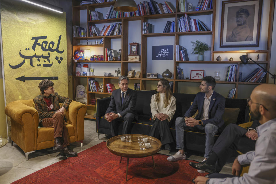 US Secretary of State Antony Blinken, second left, meets with Israeli emerging leaders at "Feel Beit", an Israeli-Palestinian art and culture collective in Jerusalem, Tuesday Jan. 31, 2023. (Ronaldo Schemidt/Pool via AP)