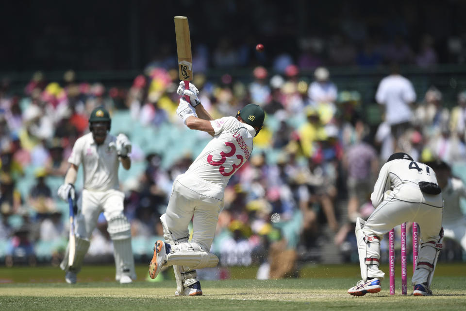 Australia's Marnus Labuschagne hits a boundary on day two of the third cricket test match between Australia and New Zealand at the Sydney Cricket Ground in Sydney, Saturday, Jan. 4, 2020. (Andrew Cornaga/Photosport via AP)