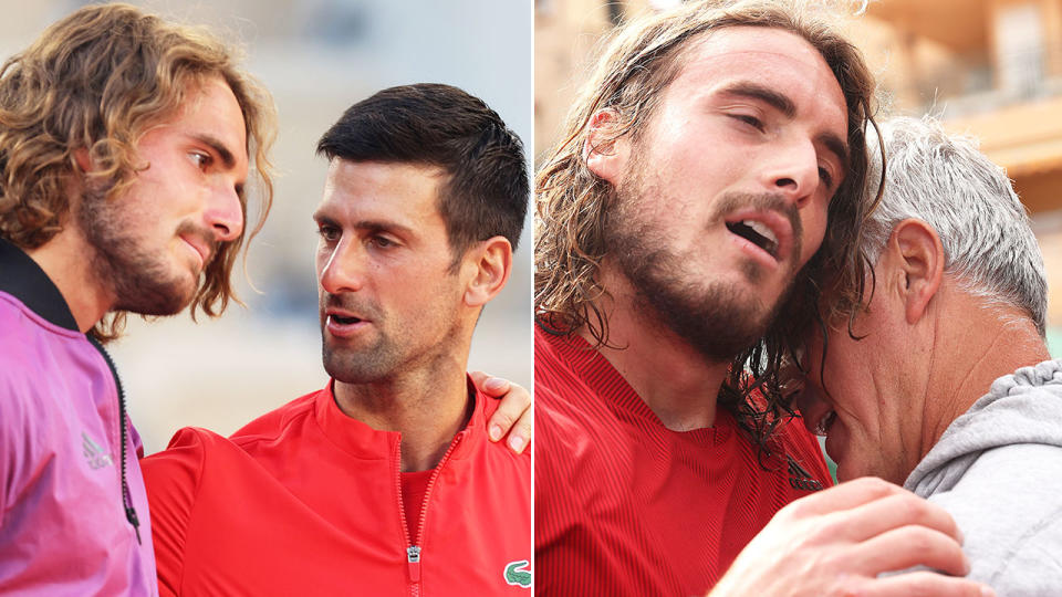 Pictured here, Stefanos Tsitsipas with Novak Djokovic and his father Apostolos on the right.