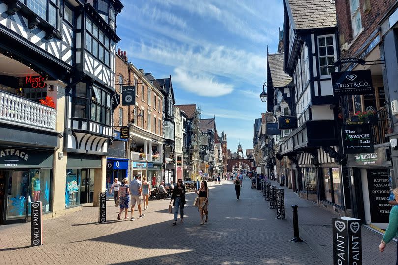 Some shops on Eastgate Street, Chester, were affected by water entering from the Rows above after heavy rain over the weekend. -Credit:Cheshire Live