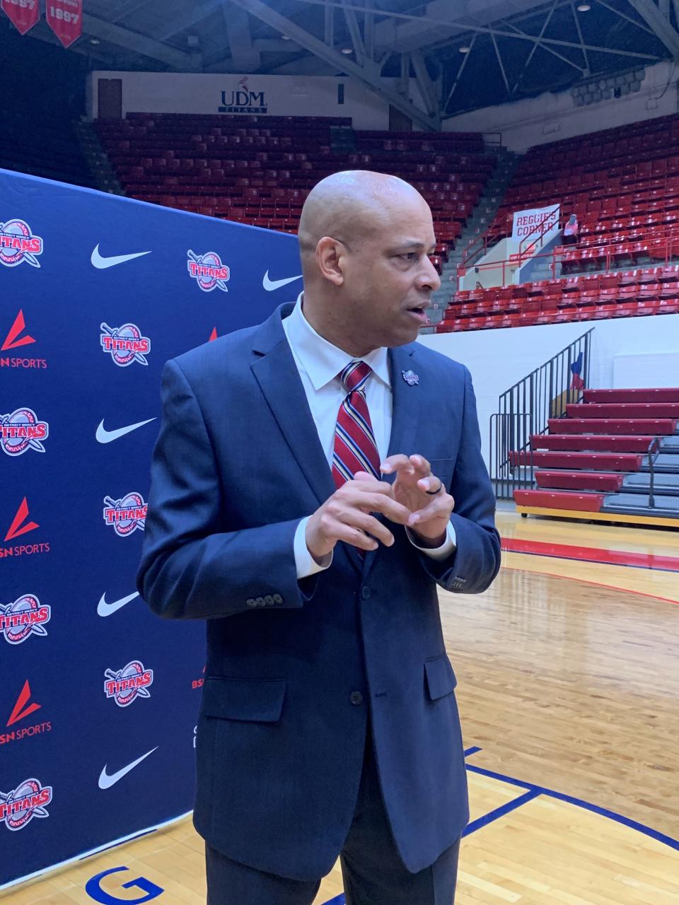 New University of Detroit Titans basketball coach Mark Montgomery talks to reporters Wednesday, April 10, 2024, at Calihan Hall in Detroit.