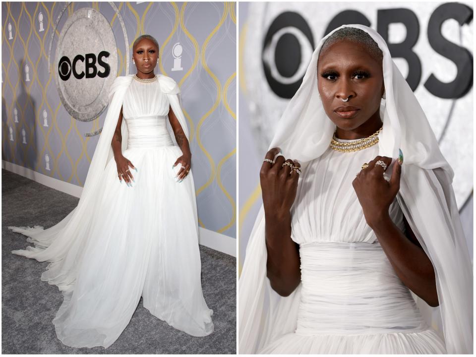 Side by side of Cynthia's full tulle gown with a high neck, draped fabric over her shoulders, a wide cummerbund waist, and a voluminous flowing skirt with a train. A close up of Cynthia holding a white hood over her head.