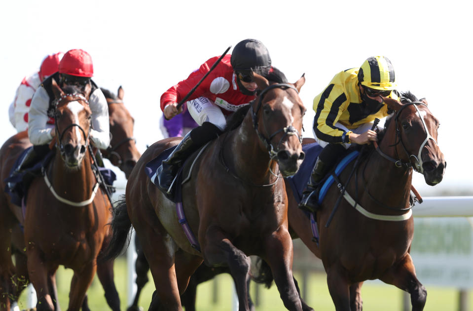 Kool Moe Dee ridden by Pat Dobbs (centre) wins the visitbath.co.uk Nursery at Bath Racecourse.