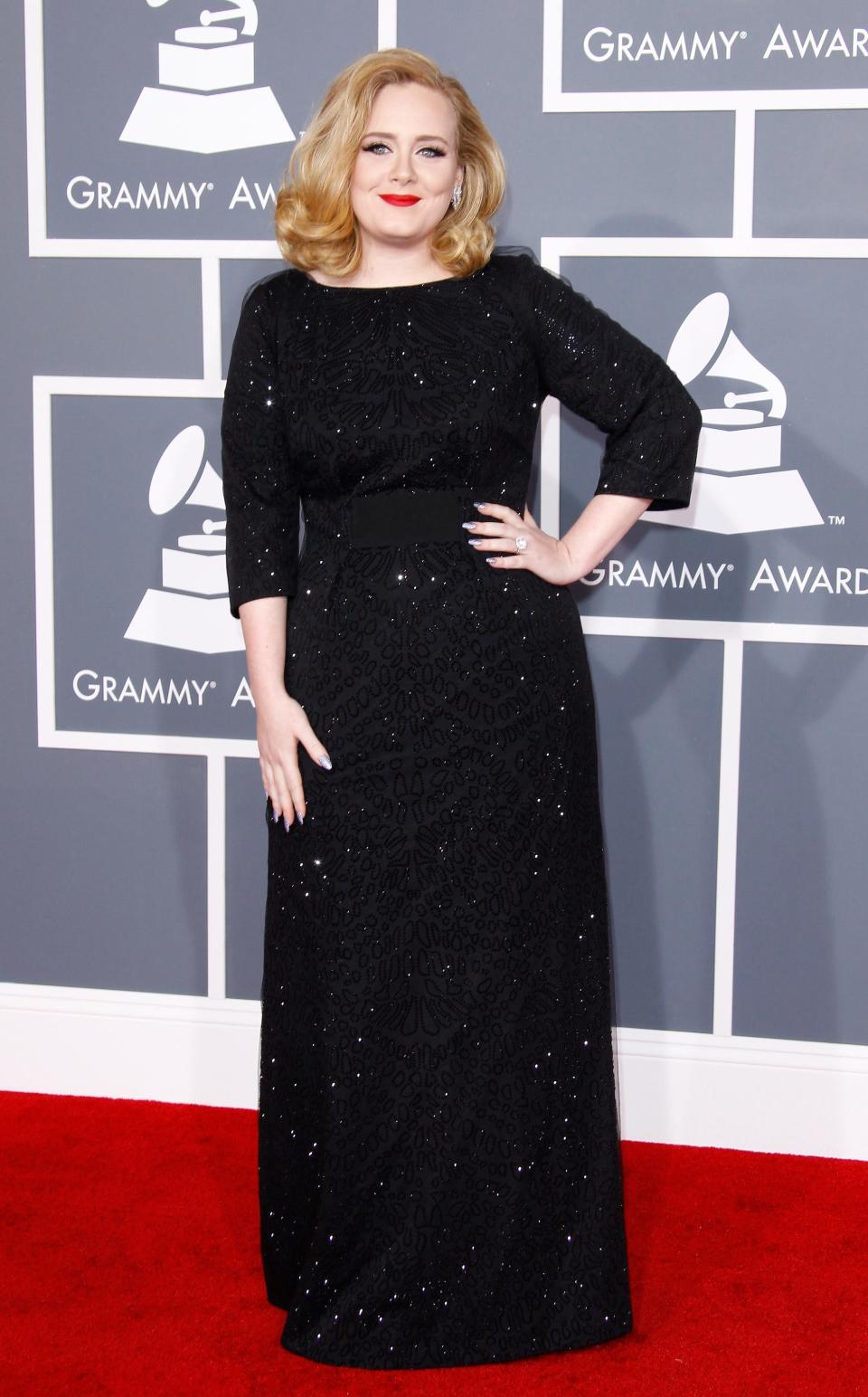 Adele wore a custom Armani dress at the 2012 Grammys.