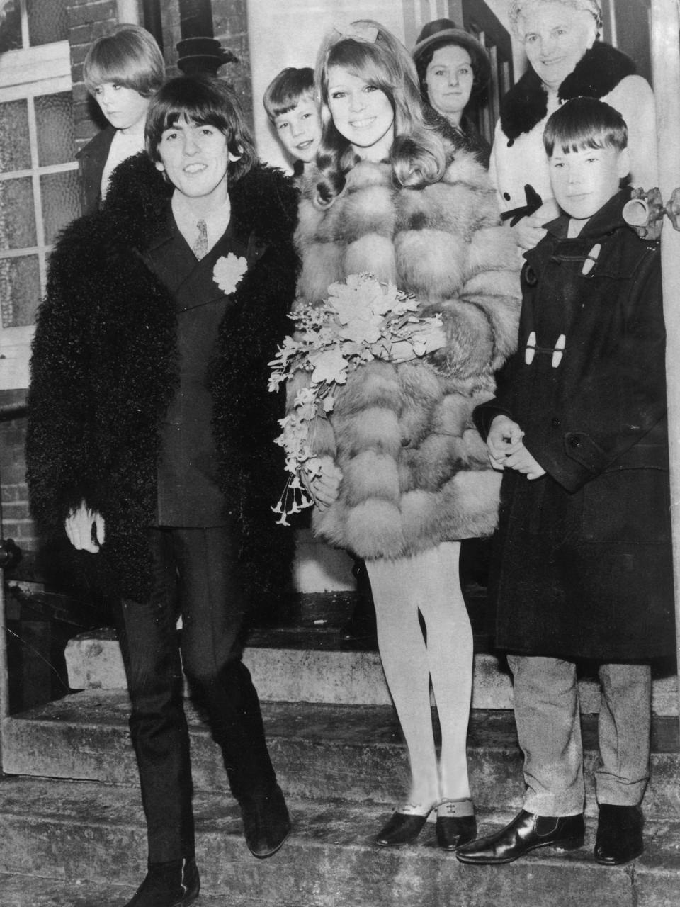Patti Boyd wearing a Quant ensemble at her wedding to George Harrison, 1966 (Getty)