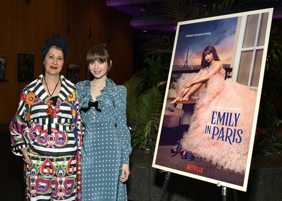 (Left to Right) Costume designer Marylin Fitoussi and series star Lily Collins attend Netflix’s “Emily In Paris” FYC event at the Directors Guild of America in Los Angeles. (Charley Gallay/Getty Images for Netflix)