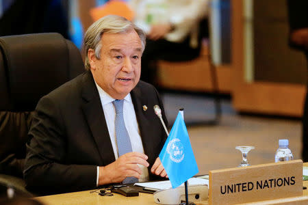 United Nations Secretary-General Antonio Guterres speaks during the 9th ASEAN UN Summit in Manila, Philippines, 13 November 2017. REUTERS/Linus Escandor Ii/Pool/Files