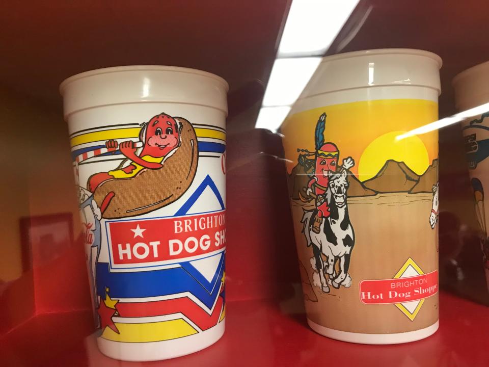 Brighton Hot Dog Shoppe cups on display at the chain's Chippewa Township location.