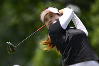 Hye-Jin Choi, of South Korea, hits on the 16th tee during the third round in the Women's PGA Championship golf tournament at Congressional Country Club, Saturday, June 25, 2022, in Bethesda, Md. (AP Photo/Terrance Williams)