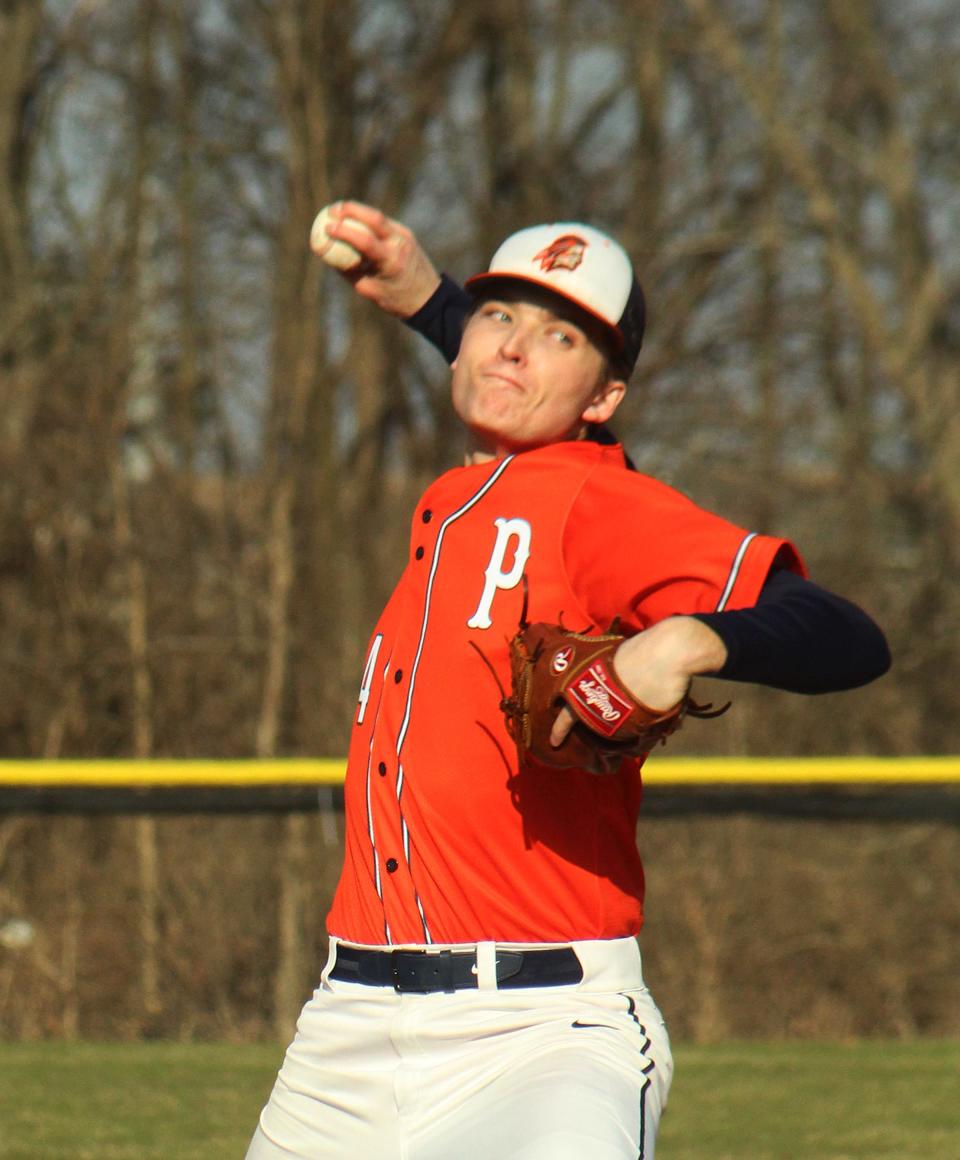 Henry Brummel of Pontiac makes his pitch against El Paso-Gridley Monday. Brummel struck out five 3 2-3 scoreless innings for the win as the Indians blanked host El Paso-Gridley 12-0 Monday at South Pointe Park.