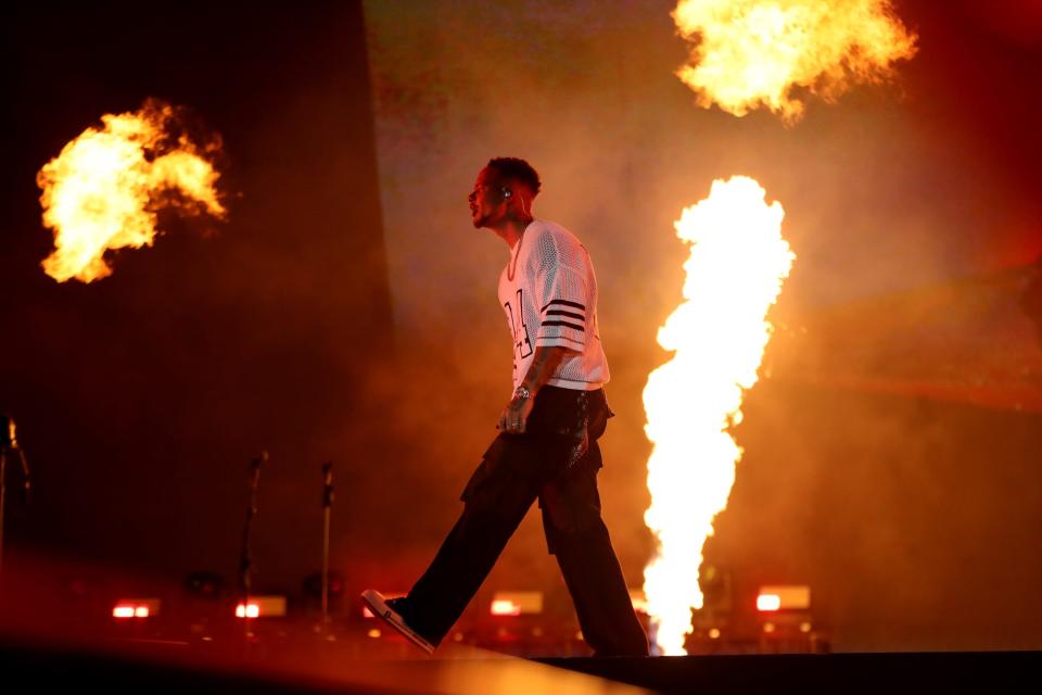 Kane Brown gives a headlining performance on the Mane Stage during Stagecoach country music festival at the Empire Polo Club in Indio, Calif., Saturday, April 29, 2023.