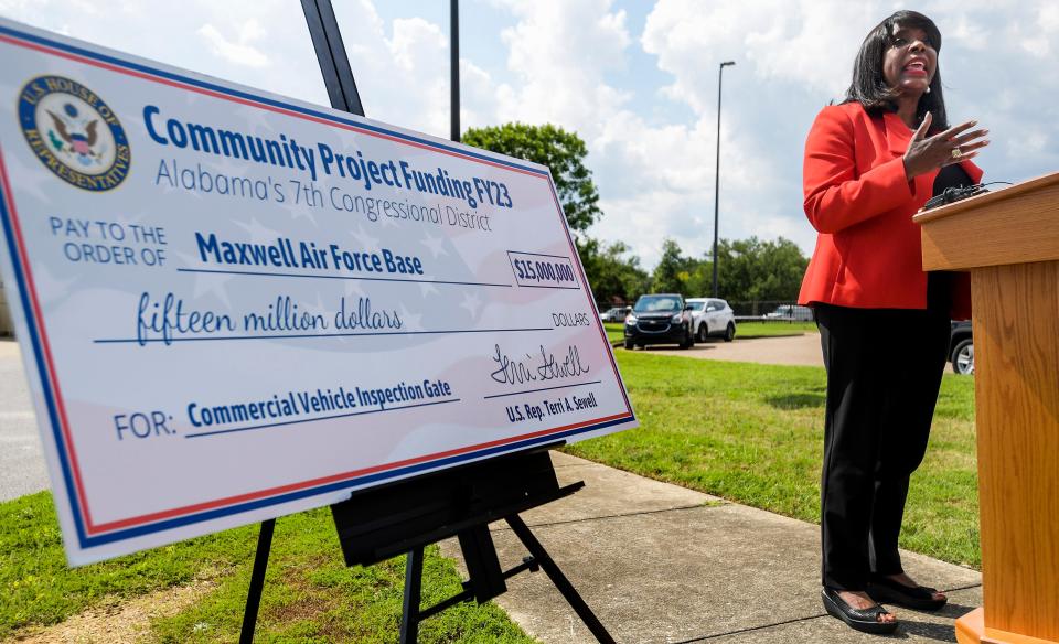 Congresswoman Terri Sewell, D-Ala., announces millions in military funding during a press event at Maxwell Air Force Base in Montgomery, Ala., on Thursday July 6, 2023.