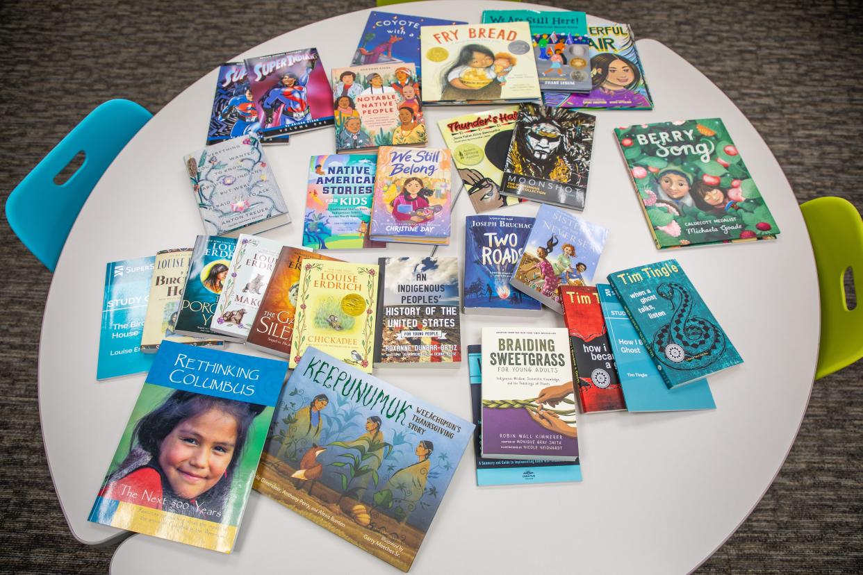 Some of the books donated by the Potawatomi Library to local non-Native school districts.