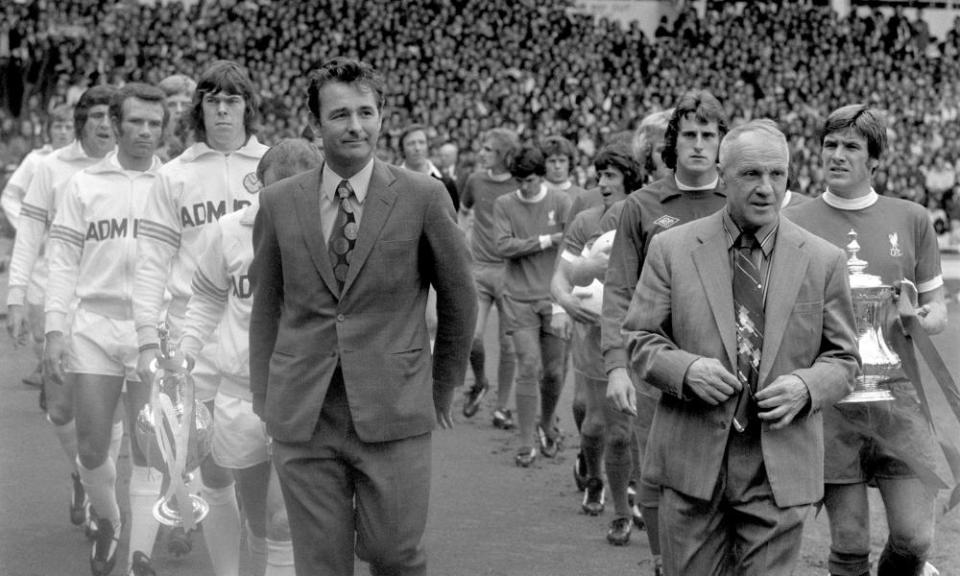Brian Clough (left) with his Leeds side before they took on Liverpool in the 1974 Charity Shield.