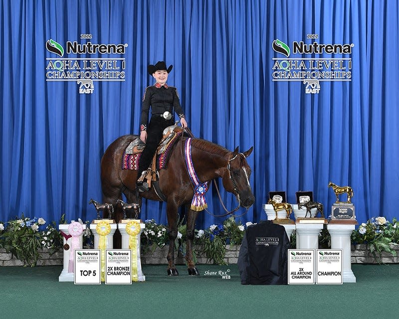 Eleanor Ott of won the 13 and under, all-around champion title as well as the National Snaffle Bit Association all aged youth champion title at the 2022 Nutrena AQHA East Level 1 Championships