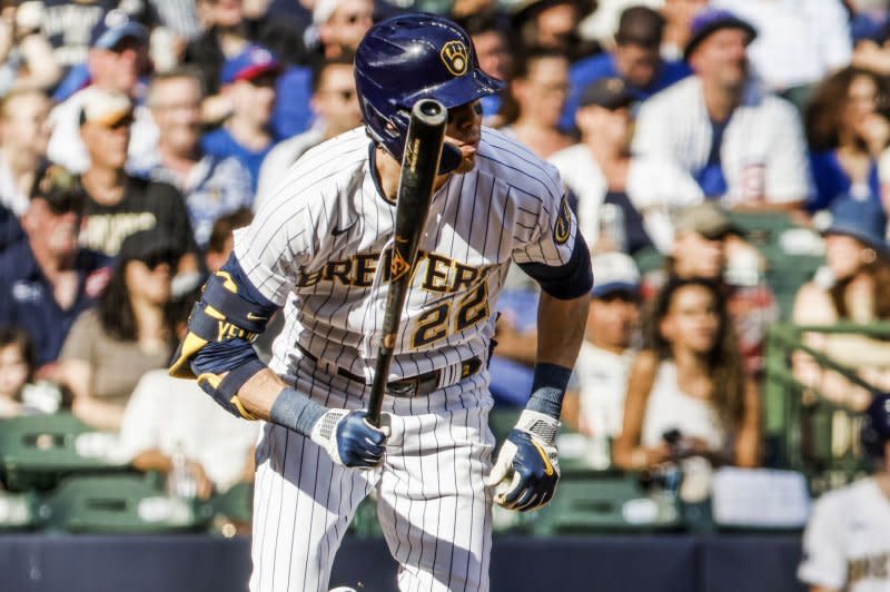 Outfielder Christian Yelich and the Milwaukee Brewers will face the Arizona Diamondbacks in a National League Wild Card series. Photo by Tannen Maury/UPI