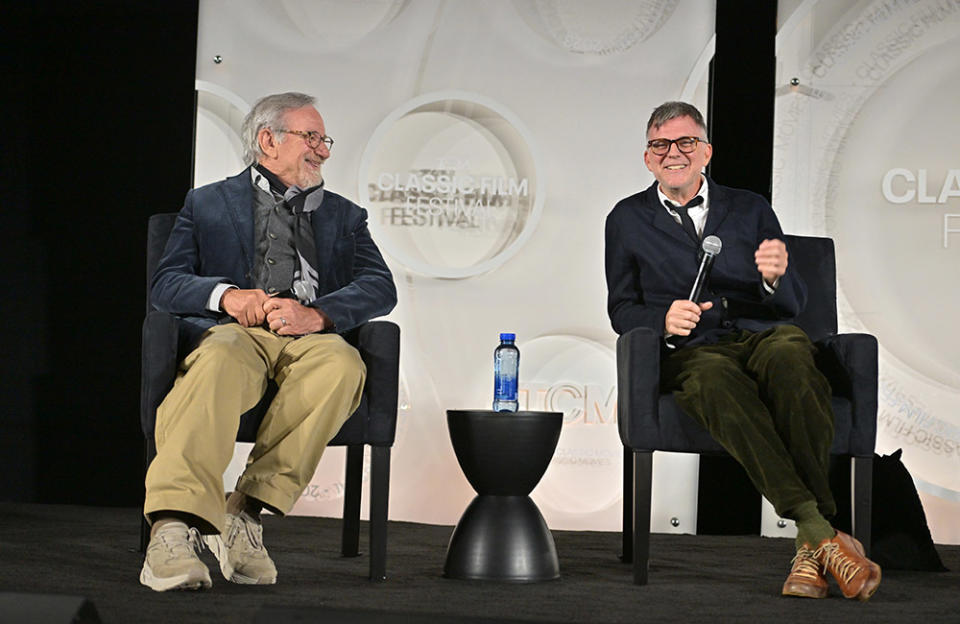 (L-R) Steven Spielberg and Paul Thomas Anderson speak onstage during the opening night gala and world premiere of the 4k restoration of "Rio Bravo" during the 2023 TCM Classic Film Festival at TCL Chinese Theatre on April 13, 2023 in Hollywood, California.