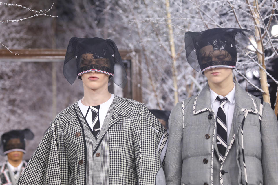 Models wear creations for the Thom Browne fashion collection during Women's fashion week Fall/Winter 2020/21 presented in Paris, Sunday, March 1, 2020. (Photo by Vianney Le Caer/Invision/AP)