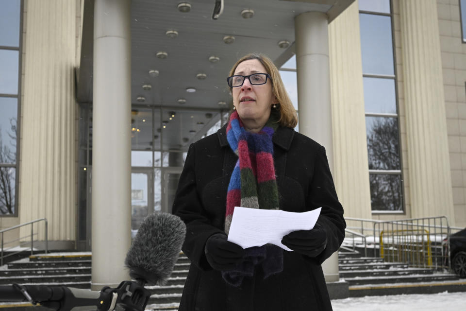 U.S. Ambassador to Russia Lynne Tracy speaks to the media after hearing on Wall Street Journal reporter Evan Gershkovich's case at the Moscow City Court, in Moscow, Russia, on Thursday, Dec. 14, 2023. Wall Street Journal reporter Evan Gerhskovich, arrested in Russia on espionage charges, will remain in detention until Jan. 30, a court in Moscow ruled on Thursday. The hearing took place behind closed doors because authorities say details of the criminal case against the American journalist are classified. (AP Photo/Dmitry Serebryakov)