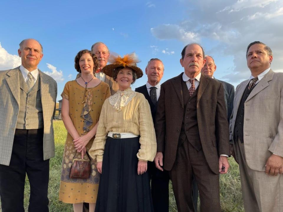 Oklahoma City resident Edward Knight, left, poses in costume behind the scenes of the movie "Killers of the Flower Moon," which filmed in and around Osage County in 2021. Knight, who is the composer in residence and director of music composition at Oklahoma City University, appears as a background actor, playing a concerned citizen at a pivotal meeting at William K. Hale's (Robert De Niro) ranch house.