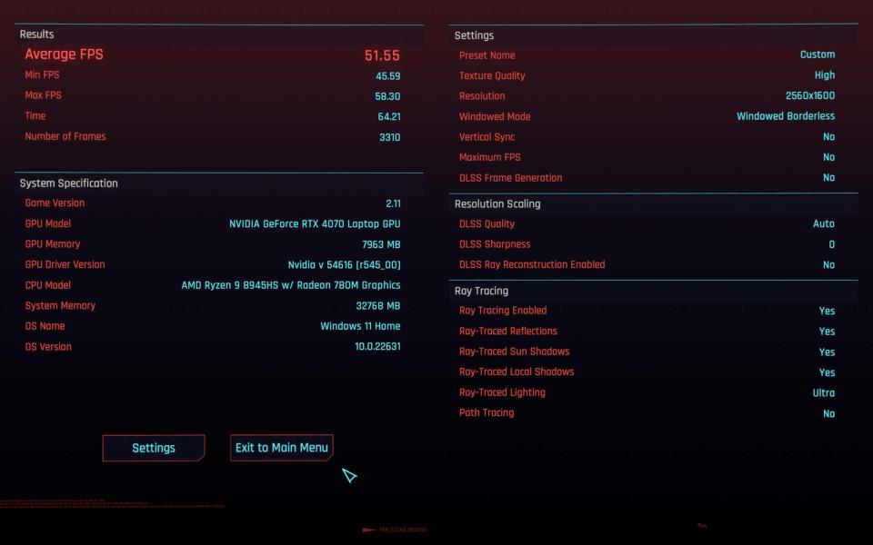 Cyberpunk 2077 benchmarks for Razer Blade 14 (2024) at ultra ray tracing settings.