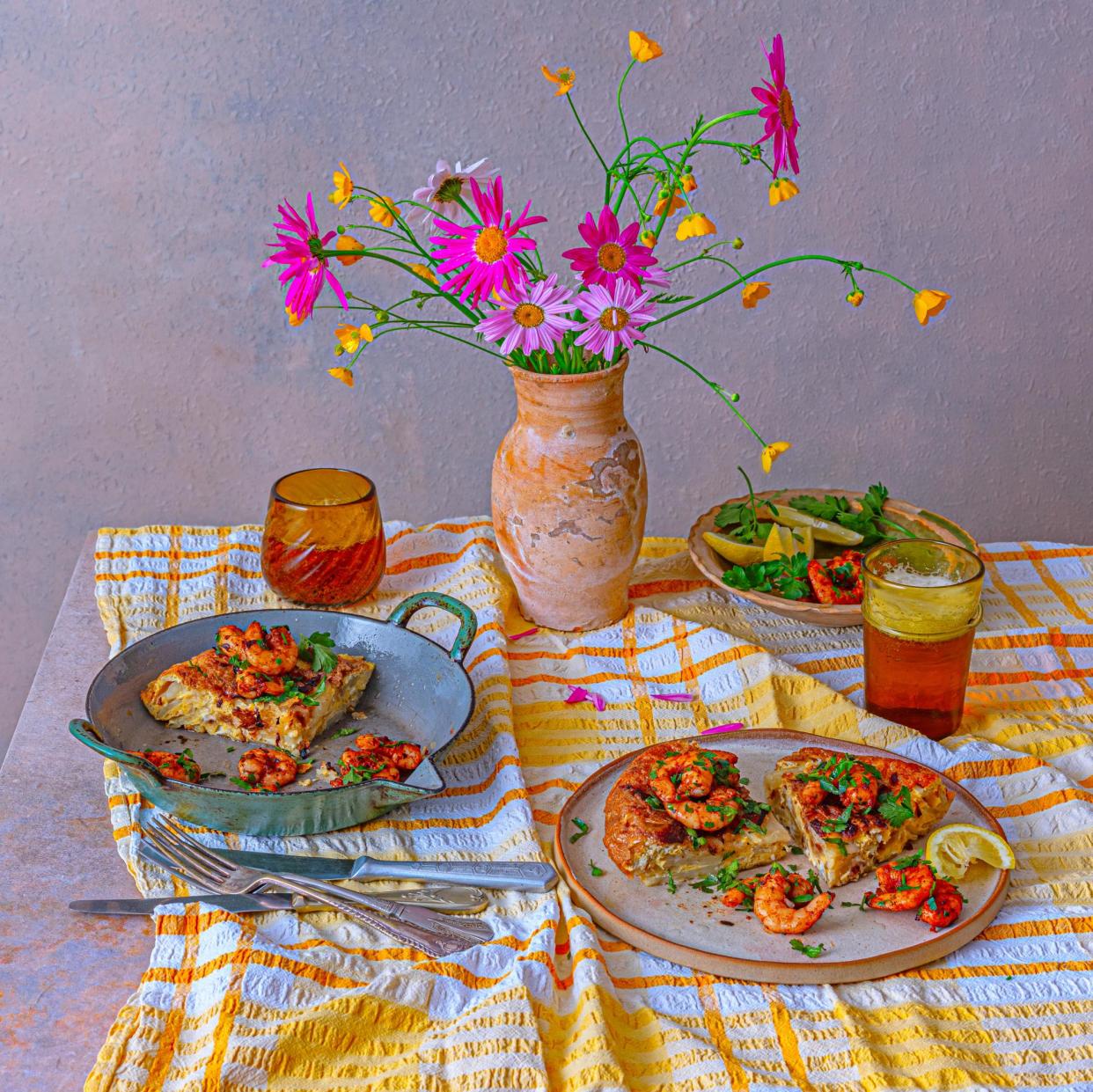 <span>José Pizarro’s prawn pil pil tortilla. Food and prop styling: Polly Webb-Wilson.</span><span>Photograph: Romas Foord/The Observer</span>