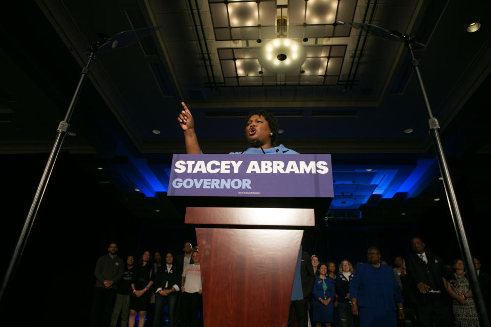 Georgia’s Democratic gubernatorial candidate, Stacey Abrams, addresses supporters at an election watch party in Atlanta. (Photo: Jessica McGowan/Getty Images)