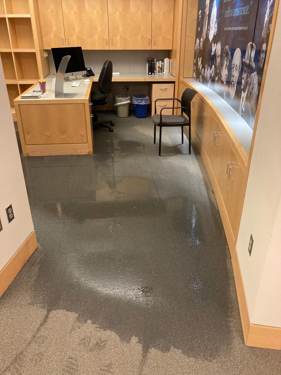 Water entered the office of Special Collections, where the college's collection of rare books, manuscripts, and archives live. College facilities issued a quick and effective cleanup.