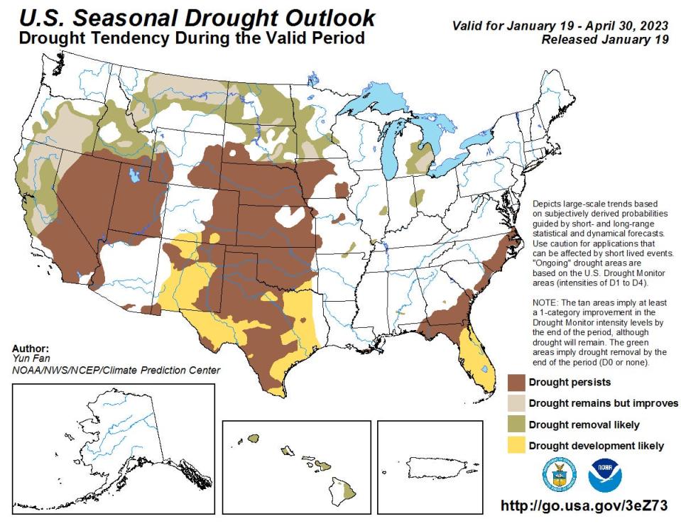 us seasonal drought outlook for january to april shows probability of no drought in mississippi basin