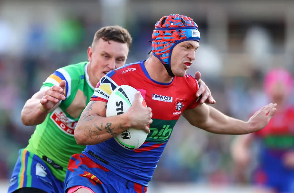 Seen here, Newcastle Knights star Kalyn Ponga playing in the NRL against Canberra.
