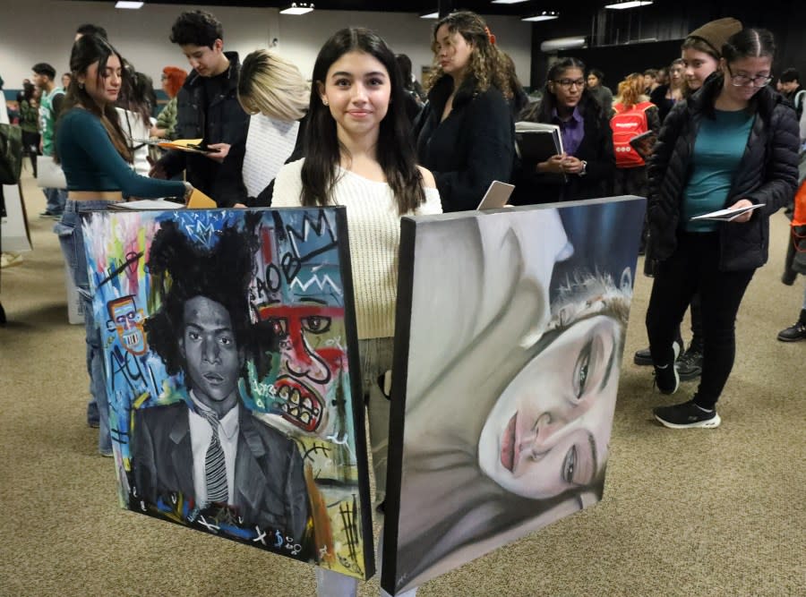Diana Calderon, an art student at Coronado High School took two of her art pieces to be viewed at the Salute to the Arts Student Portfolio Day Thursday at EPCC.