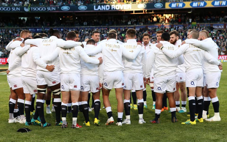 England huddle together ahead of their second Test defeat to South Africa on Saturday - The RFU Collection