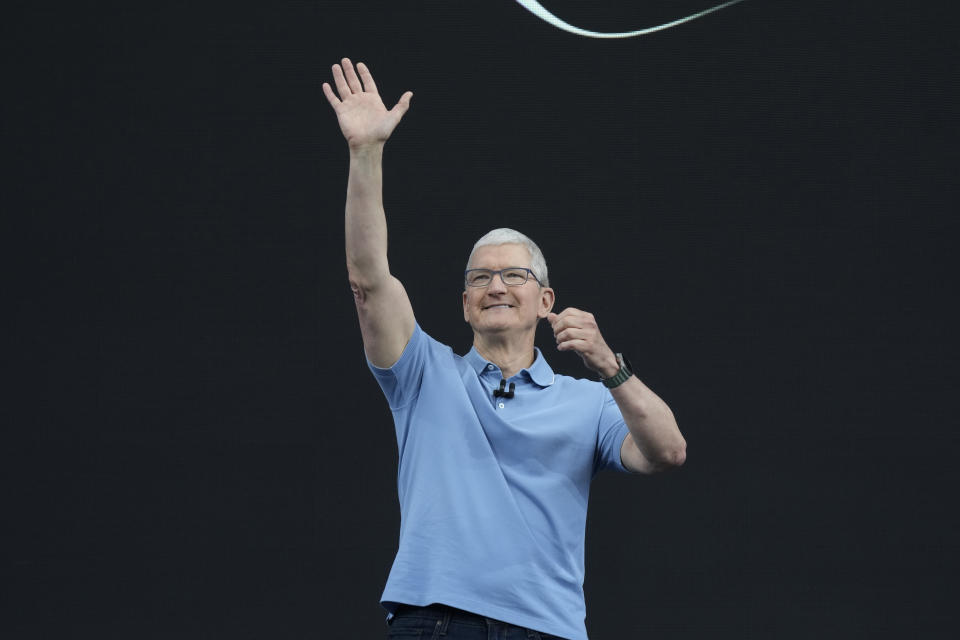 Apple CEO Tim Cook speaks during an annoucement of new products on the Apple campus Monday, June 5, 2023, in Cupertino, Calif. (AP Photo/Jeff Chiu)